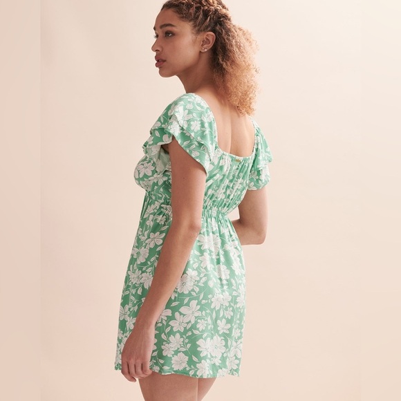 Billabong Enchant Me Ruffle Sleeves Floral Print Plunge Mini Dress Size Large - Picture 2 of 7